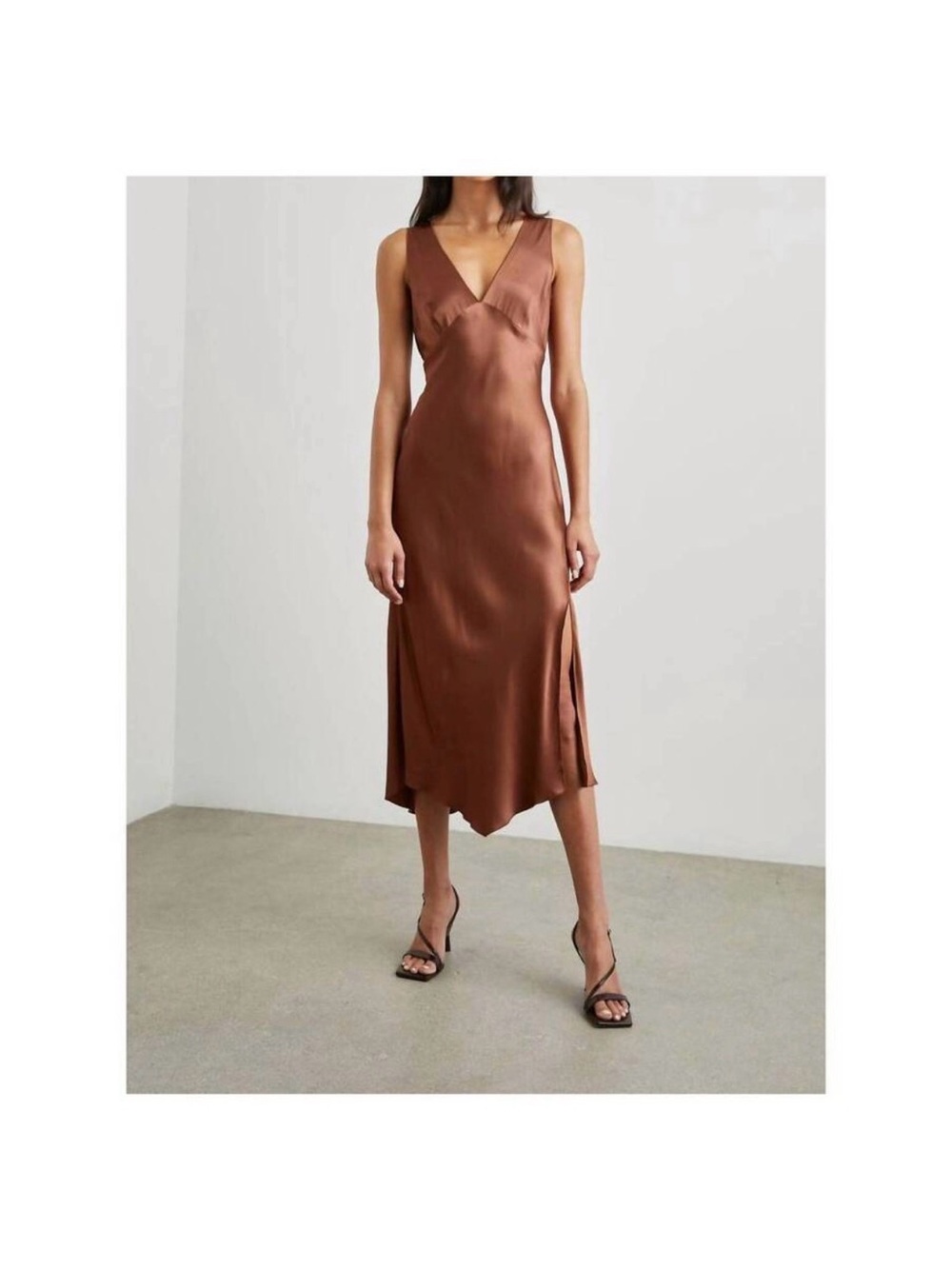 Rails Brown Satin V-Neck Midi Slip Dress